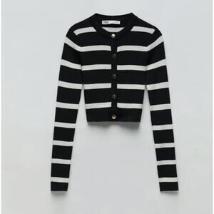Zara Women's Striped Print Ribbed Button Down Cropped Cardigan Navy White Size S